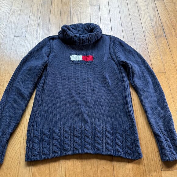 Vintage Tommy Hilfiger L Turtleneck Cable Knit Sweater Pullover Navy Cozycore - Picture 2 of 13